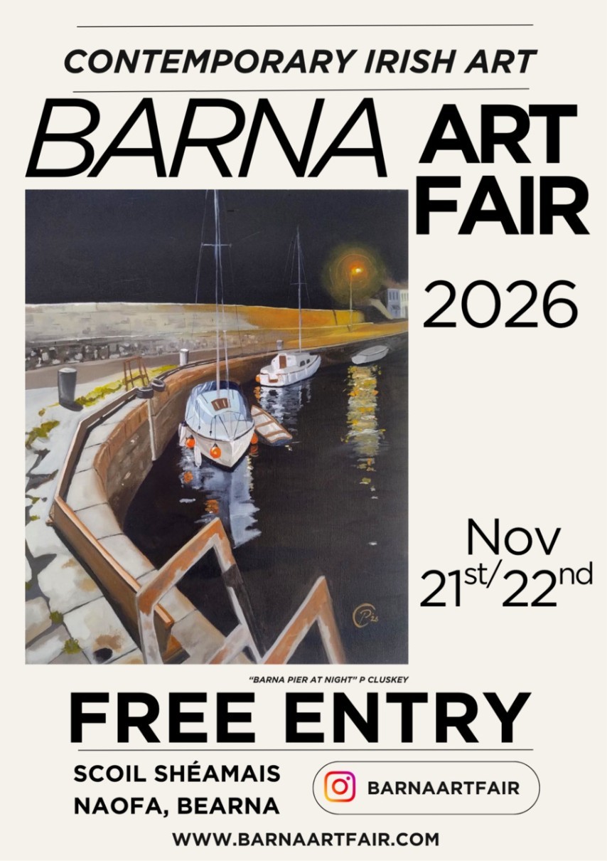 Barna Art Fair 2026 poster — Nov 21st/22nd, free entry, Scoil Shéamais Naofa, Bearna